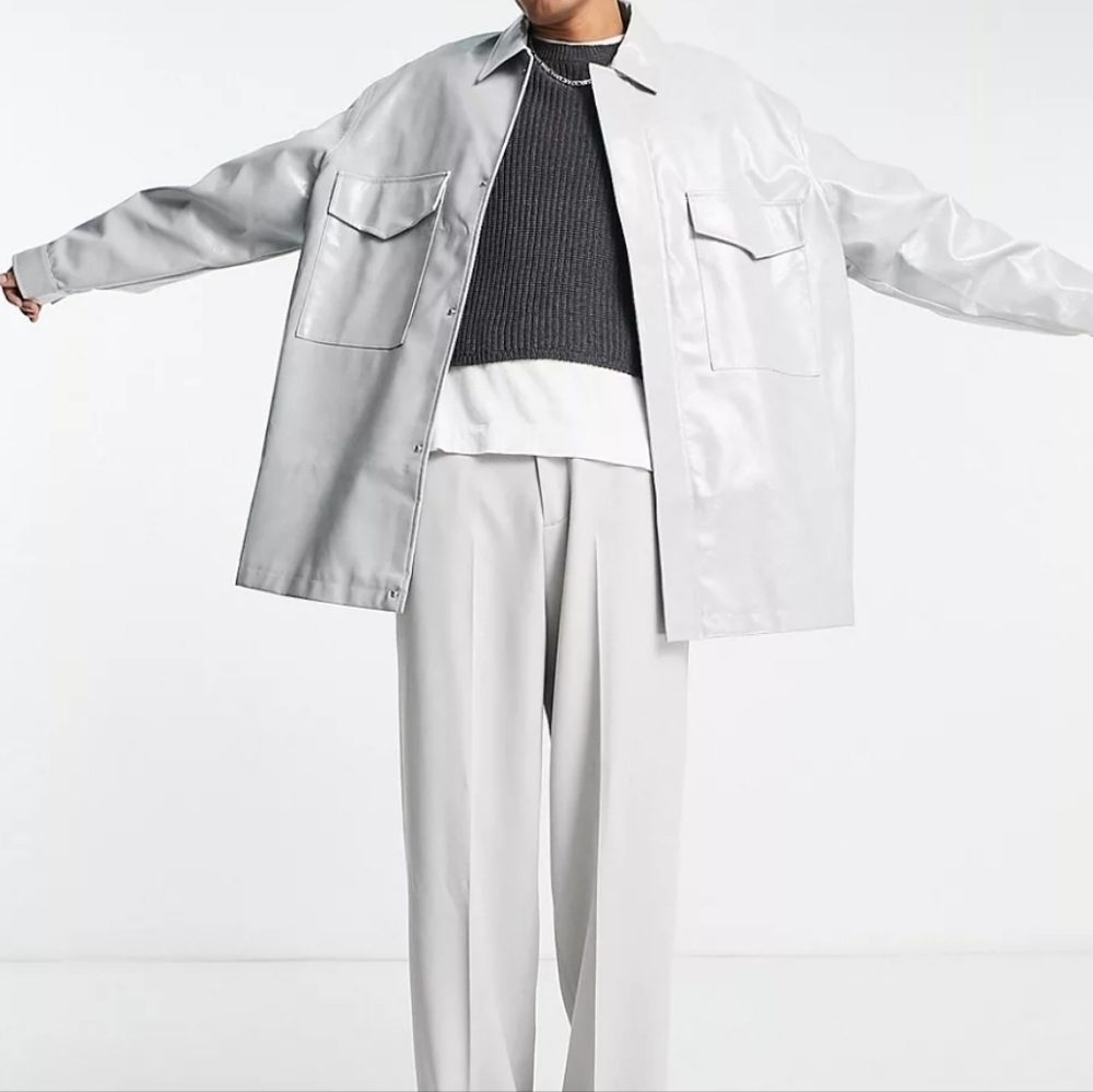 NEW MENS ASOS DESIGN ICY GRAY FAUX LEATHER CROC OVERSIZED SHACKET SIZE MEDIUM - Picture 1 of 15